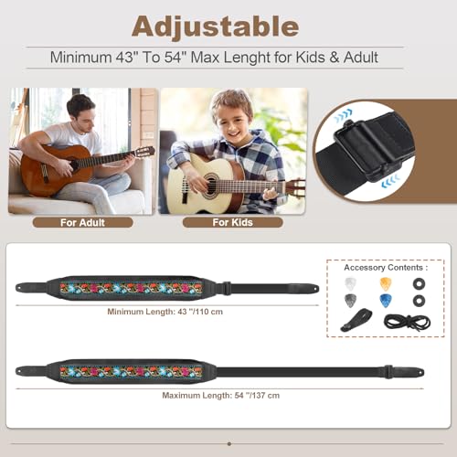 Guitar Straps for Electric Guitar Bass, Jacquard Embroidery Guitar Strap, 3" Wide Padded Straps with 3D Sponge Filling, Comes with 4 Picks + 2 Strap Locks + 1 Headstock Tie + 1 Tie Rope, Bule - color: Blue Embroidery