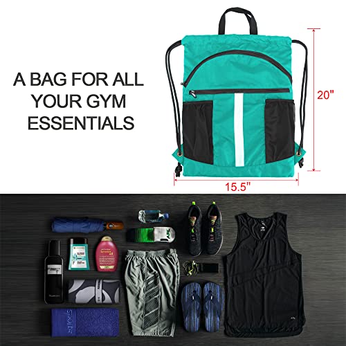 BeeGreen Drawstring Backpack Bag with Shoe Compartment, X-Large Black Gym Sports String Cinch Backpack - color: Teal Blue
