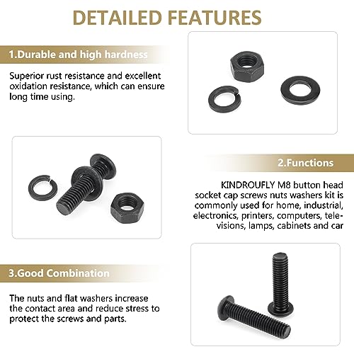 77 Pieces Black M8 x 30/35 /40/45 /50 mm Button Head Socket Cap Screws Nuts Washers Assortment Kit, 10.9 Grade Alloy Steel - size: M8 x 30/35/40/45/50mm, style: Button Head