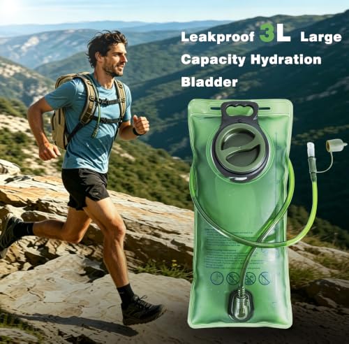 Hydration Backpack, Tactical Molle Water with 3L TPU Water Bladder | Lightweight Military Hydration Daypack for Hiking, Running, Cycling, Climbing, Biking, 105 oz, Breathable Back Panel - color: Khaki