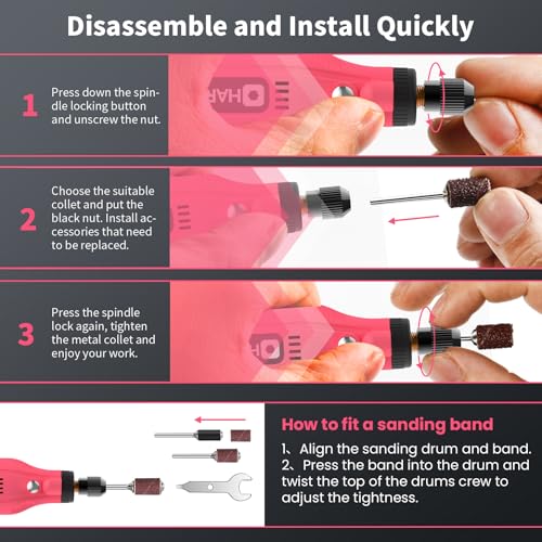HARDELL Mini Cordless Rotary Tool, 4V 129pcs Rechargeable Rotary Tool Kit | USB Charging Multi-Purpose DIY Tool for Sanding, Polishing, Drilling, Engraving, Woodworking, Craft - style: Pink-129 accessories