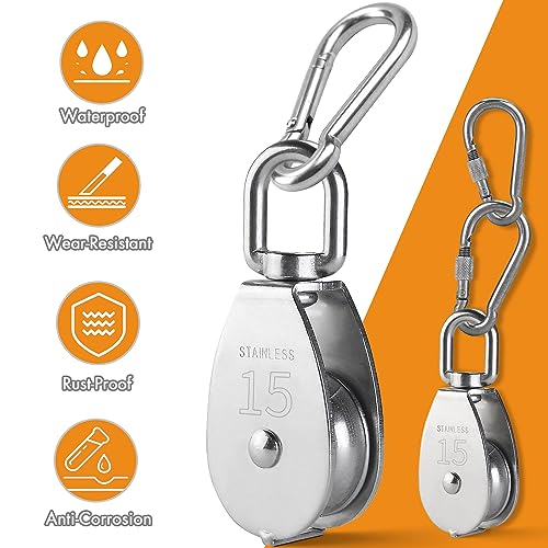 LAIWOO M20 Heavy Duty Stainless Steel Pulley Block, Rope and Hooks, 2 Pack | Includes eye pad plate and line cleat, corrosion resistant, for lifting, DIY and clothesline - size: M20