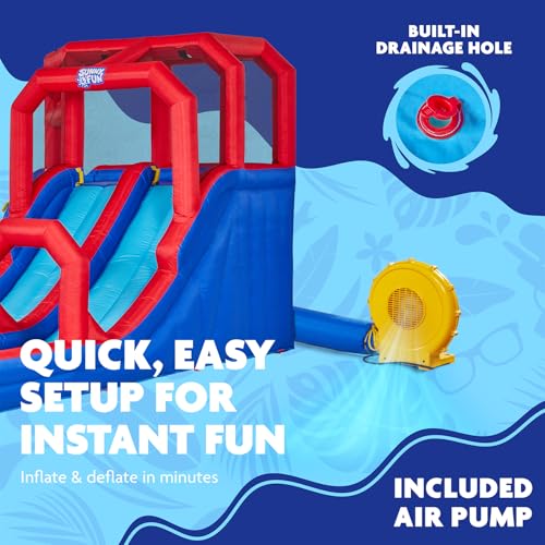 SUNNY & FUN Mega Climb N’ Go Inflatable Water Slide Park with Two Slides | Heavy-Duty Oxford Blow-Up Water Park for Kids Backyard with Deep Splash Pool, Air Blower & Carry Bag | Easy Setup & Drainage