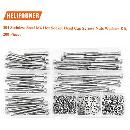 HELIFOUNER 200 Pieces M4 x 30mm /35mm /40mm /45mm /50mm, Hex Socket Head Cap Metric Screws Bolts Washers Nuts Kit, 304 Stainless Steel - size: M4 x 30/35/40/45/50mm