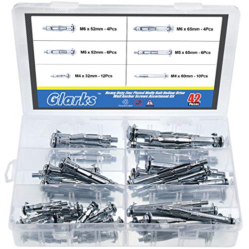 Glarks 42Pcs 6 Size Heavy Duty Zinc Plated Steel Molly Bolt Hollow Drive Wall Anchor Screws Assortment Kit for Drywall, Plaster and Tile - size: 42Pcs 6 Sizes Assortment Set