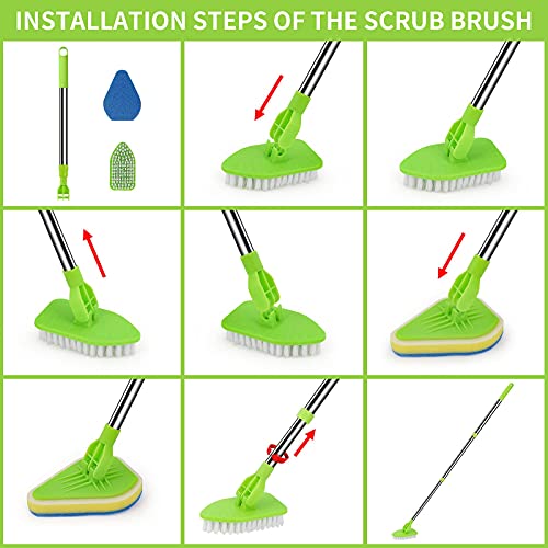 Extendable Scrub Cleaning Brush with Long Handle 35'' - Floor Scrubber | 1 Stiff Bristles & 3 Sponge Brush, Adjustable Lightweigh Kitchen Brush for Baseboard Shower Bathroom Bathtub Tile