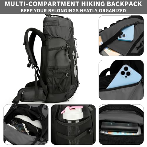 75L Hiking Backpack with Rain Cover Waterproof Camping Backpack Shoes Warehouse for Men Women, Frameless - color: Black, size: 60L