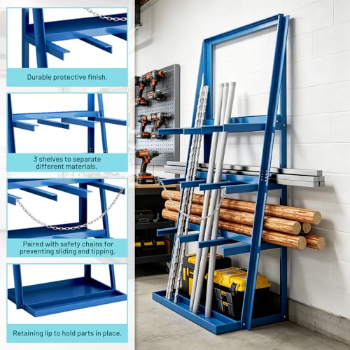 Vertical Bar Rack, Heavy Duty Rack for 3000LBS Capacity, Lumber Storage Shelfs Rack with Safety Chain, Carbon Steel Standing Pipe Rack Shelf Organizer for Warehouse Garage Workshop Factory