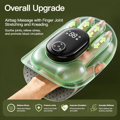 Heated Hand Massager with Finger Stretching & Kneading, Electric Hand & Wrist Massager, 4 Massage & 5 Compression & 3 Temperatures Modes, Gifts for Women Men (Green) - color: Grey