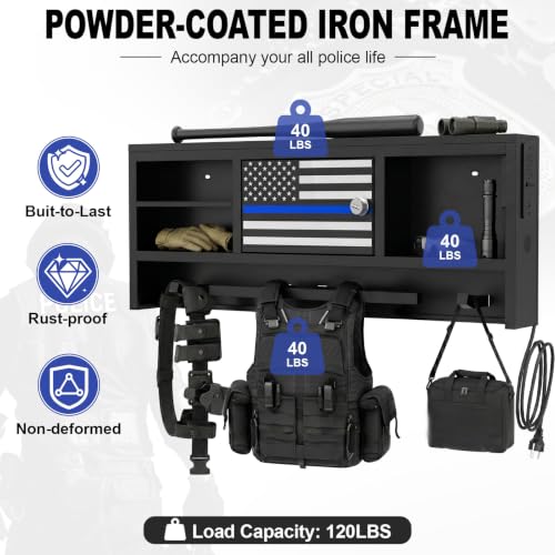 Police Gear Rack with Built-in Power Strip, Tactical Gear Organizer Stand for Duty Belt, Police Vest, Body Armor, Plate Carrier, Helmet Storage, Heavy Duty Gear Rack - size: Wall Mounted w/Combination Lock