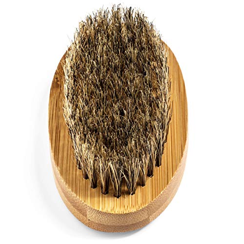 GranNaturals Military Style Boar Bristle Hair Brush for Men and Boys - Palm Size Hairbrush and Beard Brush for Grooming Thin, Fine, Facial and Short Hair - Soft Bristle Slick Back & Smoothing