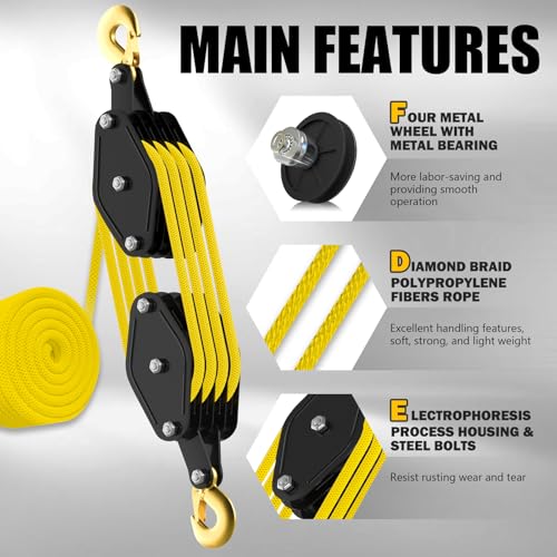YATOINTO Rope Hoist Pulley System 4400LB, 65FT Pulley Block Tackle(Yellow) | 8:1 Ratio Lifting Power, Polypropylene Fiber Rope, Metal Bearing Structure, Black-coated Housing, Ideal for Towing Lifting - color: Yellow(Powder Coating)