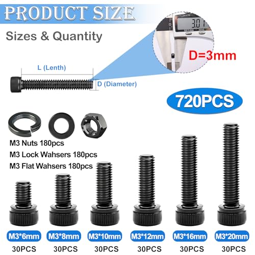 mxuteuk 720PCS M3 Screws Kit,M3×6/8/10/12/16/20mm M3 Screws Assortment Kits,12.9 Alloy Steel M3 Hex Socket Head Bolts Nuts Washers Set Suitable for 3D Printer,DIY - size: 720PCS M3, style: Hex Socket Head