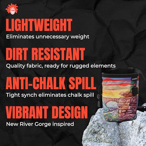Rock Climbing Chalk Bag | for Outdoor, Gym, & Bouldering | Adjustable Waist Belt, Durable Drawstring Closure, & Zippered Pocket - style: New River Gorge