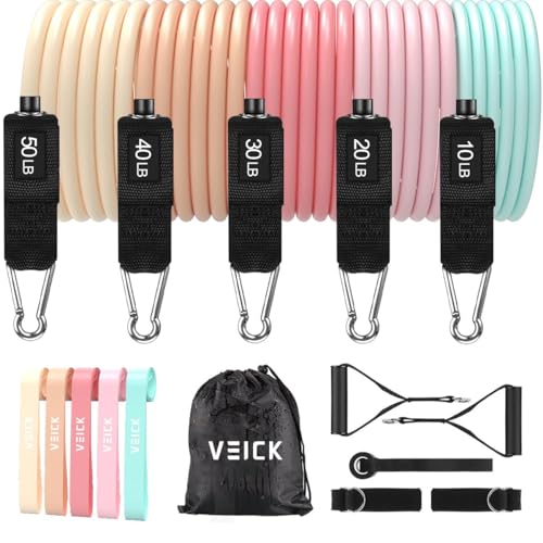 VEICK 10-150LBS Resistance Bands with Handles, Ankle Straps, Door Anchor | Accredited Lab Certified, 100% Natural Latex, Versatile for Yoga, Pilates, Strength, Home Gym - color: Light Pink, style: 10-150LBS + 5 Loop Bands