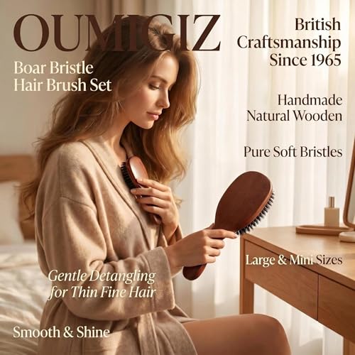 Boar Bristle Hair Brush Set, Large and Mini, Since 1965 British Craftsmanship Handmade Natural Wooden, Pure Soft Bristles, Gentle Detangling for Women Men Kids, Thin Fine Hair, Smooth & Shine - size: Large and Small