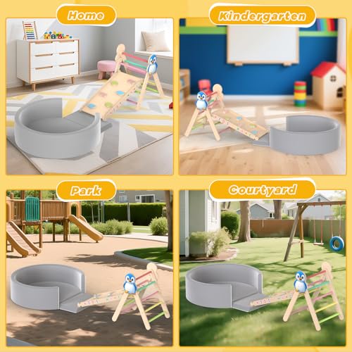 Acenova Pikler Triangle Climbing Set with Cushion and DIY Name Stickers, Montessori Wooden Climbing Gym for Toddlers, Indoor Jungle Gym, Dinosaur Pikler Triangle Arch Ramp Climber Toy
