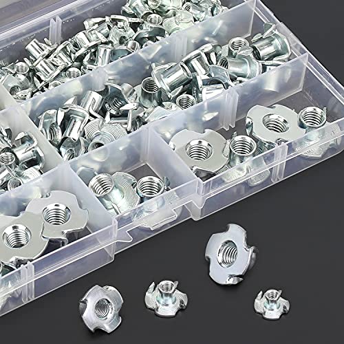 HELIFOUNER 120 Pieces M3 M4 M5 M6 M8 T Nuts Four Claw Nuts Assortment Kit for Wood, Rock Climbing Holds, Cabinetry