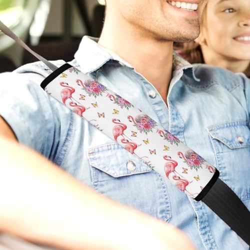 1 Pair Soft Padded Seat Belt Cover for Child, Most Cars, Flamingo Floral Tropical Pink Bird Hibiscus Leaves White Shoulder Harness Cover, Neck and Shoulder Support - color: Pattern 965