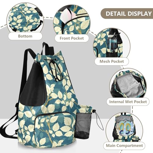 Draw String Back Bag Climbing Gym Bag With Pockets String Back Pack Dry Wet Separation Thyme Leaf Beige Teal
