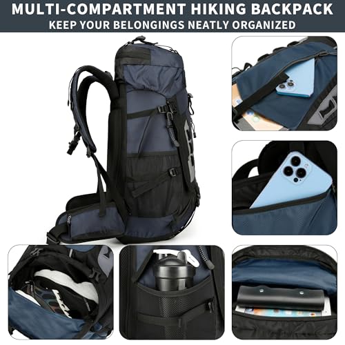 75L Hiking Backpack with Rain Cover Waterproof Camping Backpack Shoes Warehouse for Men Women, Frameless - color: Navy, size: 60L