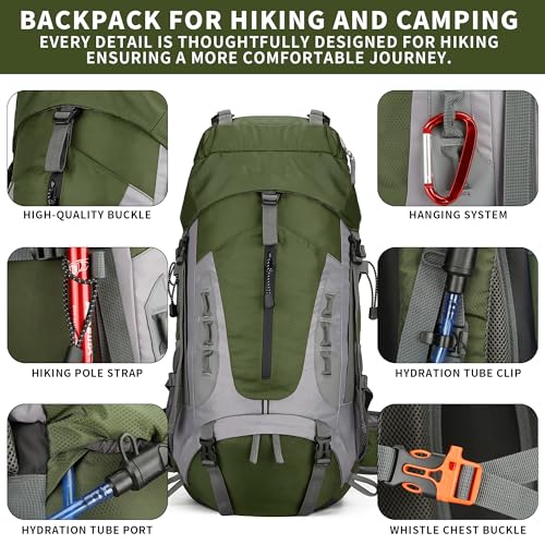 75L Hiking Backpack with Rain Cover Waterproof Camping Backpack Shoes Warehouse for Men Women, Frameless - color: Armygreen, size: 60L