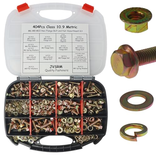 404Pcs Class 10.9 Metric Flange Bolts Kit - M6 M8 M10 (12-30mm) Serrated Hex Bolts with Nuts & Washers, Yellow Zinc, Storage Case for Light Equipment & DIY - size: 404PCS Metric Flange Bolt Kit M6~M10, Grade 10.9