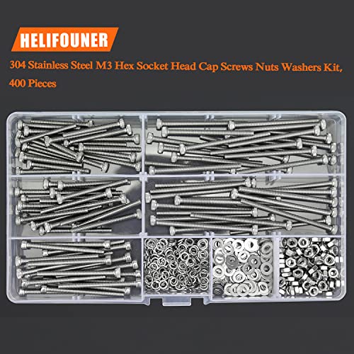 HELIFOUNER 400 Pieces M3 x 30mm /35mm /40mm /45mm /50mm, Hex Socket Head Cap Metric Screws Bolts Washers Nuts Kit, 304 Stainless Steel - size: M3 x 30/35/40/45/50mm