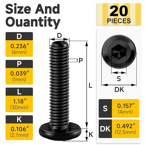 Mywish M6 x 30mm 20Pcs Flat Head Hex Socket Cap Screws Bolts, 304 Stainless Steel Furniture Bolts Full Thread, Black Oxide & Hex Spanner - color: Black-M6, size: 30mm