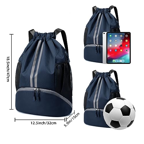 Valleycomfy Sports Drawstring Backpack - Water Resistant String Bag | with Side Mesh Pockets Shoe Compartment Gym Backpack for Women & Men Dark Blue - color: A-dark Blue