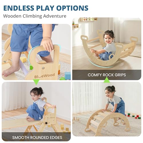 BlueWood Pikler Triangle Set, Toddler Climbing Toys Indoor 7in1 Foldable | Wooden Climber for Kids, Montessori Philosophy Play Jungle Gym with Arch, Ramp, Ladder (Natural) - color: Natural