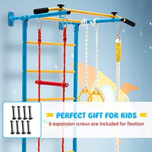 HONEY JOY Climbing Toys for Toddlers, Upgrade Metal Indoor Kids Gym for Solid Wall, Playground and Climbing Exercise Set with Rope Ladder, Pull-up Bar, Monkey Bars, Gymnastic Rings (5 in 1) - size: 5 In 1