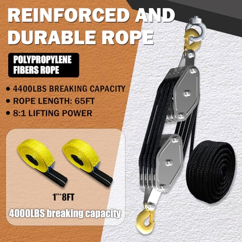 YATOINTO Rope Hoist Pulley System, 4400LB Pulley Block and Tackle, 8:1 Ratio Lifting Power 65ft, Heavy Duty Pulley Block for Lifting Pulling (with 2PCs Straps) - color: black, size: UPGRADED-4wheels+2pcs straps