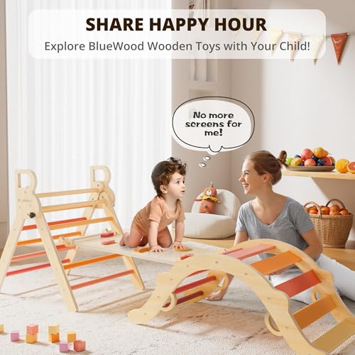 BlueWood Pikler Triangle Set, Toddler Climbing Toys Indoor 7in1 Foldable | Wooden Climber for Kids, Montessori Philosophy Play Jungle Gym with Arch, Ramp, Ladder (Farm Charm Autumn) - color: Farm Charm Autumn