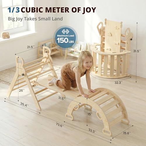 BlueWood Pikler Triangle Set, Toddler Climbing Toys Indoor 7in1 Foldable | Wooden Climber for Kids, Montessori Philosophy Play Jungle Gym with Arch, Ramp, Ladder (Natural) - color: Natural