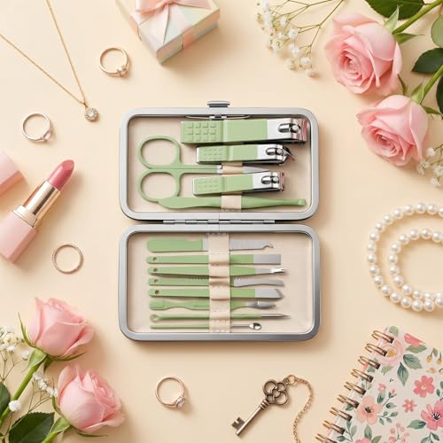 13-Piece Manicure Kit for Women Nail Travel Stainless Steel | Nail Clippers Set Pedicure Grooming With Travel Case Portable With Exquisite Leather for Men Women(Green)