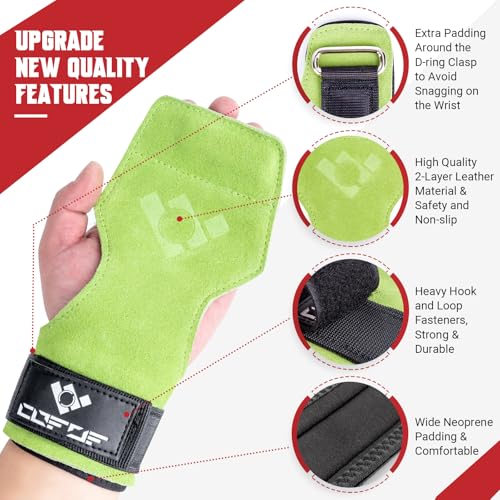 COFOF Weight Lifting Wrist Strap, Double Layer Leather Wrist Strap for Deadlift and Powerlifting, Adjustable Neoprene Padded Gym Workout Lifting Hooks (Pair) - color: Green