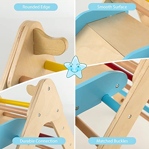 OLAKIDS Pikler Triangle Set 2 in 1 Climbing Toys for Toddlers Foldable Wood Montessori Baby Jungle Gym with Ladder Ramp Slide Kids Indoor Playground Activity Play Structure - color: Rainbow