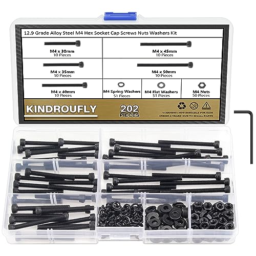 202 Pieces Black M4 x 30/35 /40/45 /50 mm Hex Socket Head Cap Screws Nuts Washers Assortment Kit, 12.9 Grade Alloy Steel - size: M4 x 30/35/40/45/50mm, style: Socket Head