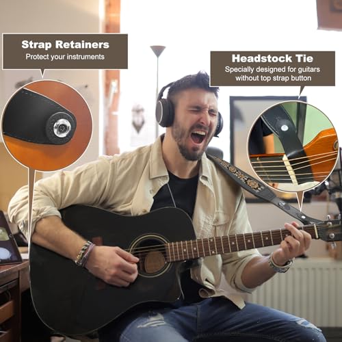 Bass Guitar Strap, Jacquard Embroidery Guitar Strap with Head Cowhide Leather End for Bass, Electric & Acoustic Guitars, Come with Complete Accessories, Comfortable and Intimate, Elegant Yellow Flower - color: Elegant Yellow Flower