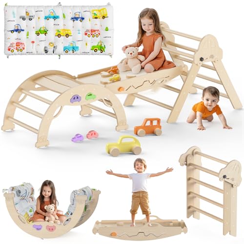 Pikler Triangle Set with Cushion 9 in 1 Foldable Montessori Climbing Toys for Toddlers 1-3 Indoor Wooden Kids Playground Baby Climbing with Maze Toys, Shape Sorter Toys, Car