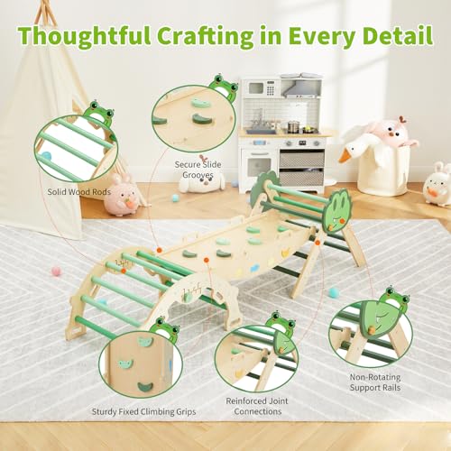 Takywep Pikler Triangle Set, 7-in-1 Foldable Pikler Triangle Climbing Toys Set with Arch & Ramp & Ladder, Indoor Playground Gym, Wooden Montessor Climbing Set for Kids Toddler - color: Green-frog