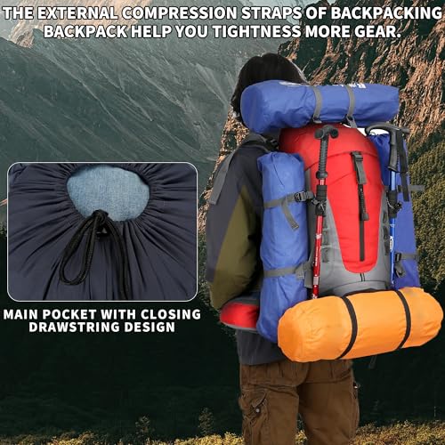 75L Hiking Backpack with Rain Cover Waterproof Camping Backpack Shoes Warehouse for Men Women, Frameless - color: Red, size: 60L