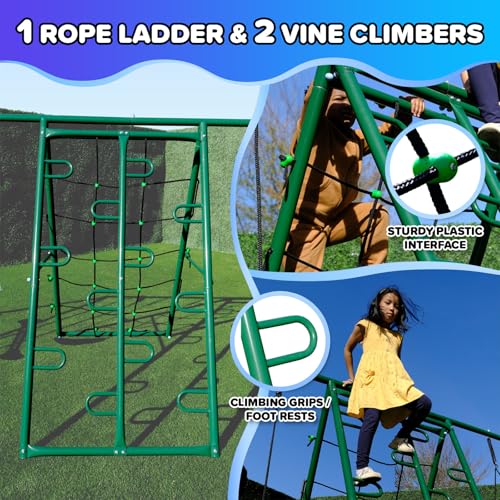 Sportspower Swing Climb and Glide Metal Swing Set 6 in 1: Heavy-Duty A-Frame, Belt Swing, Glider, Saucer, Climbing & Net Ladders (Green)