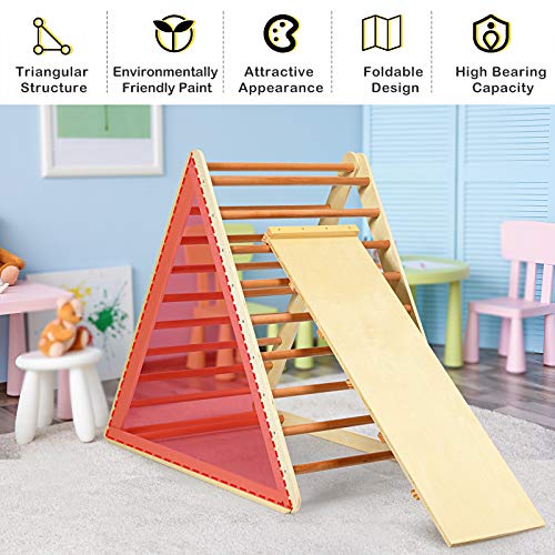 GLACER Wooden Climbing Triangle Ladder with Ramp, 2 in 1 Foldable Toddler Triangle Climber for Sliding & Climbing, Develop Strength, Balance and Motor Skills (Natural)