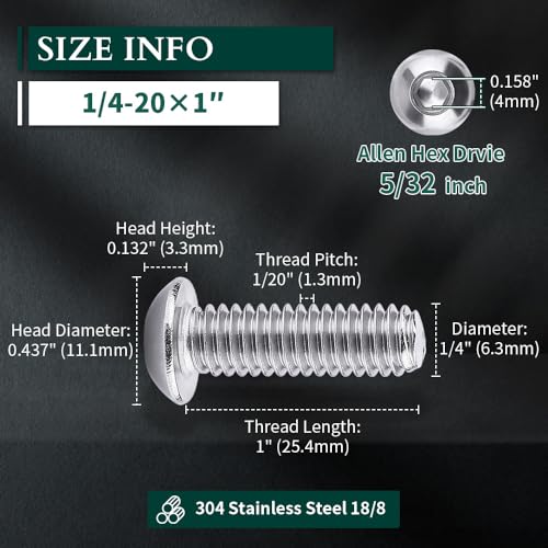 1/4-20 x 1 Button Head Socket Cap Bolts Screws, 304 Stainless Steel 18-8, Allen Hex Drive, Bright Finish, Fully Machine Thread, Pack of 25 - size: 1/4-20 x 1