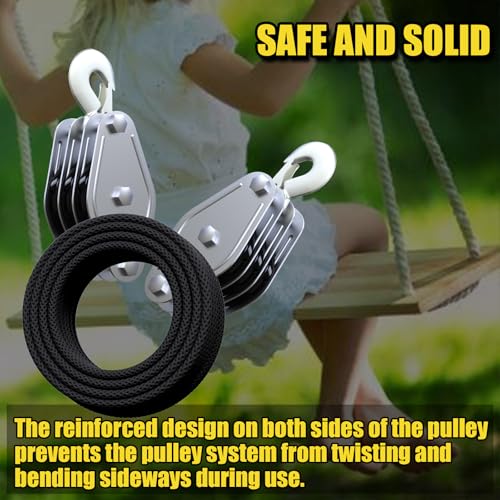 Block and Tackle 2200 LBS Breaking Strength Heavy Duty Pulley, 50 Ft 3/8" Rope Pulley, 5:1 Lifting Power Pulley System, Pulley Hoist for Animal Husbandry, Warehouses, Constructions(Black) - color: BLACK