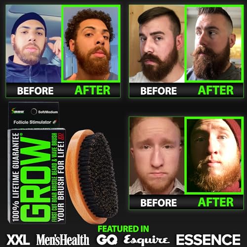 GROW Beard Brush & 360 Wave Brush for Men - Natural Boar Bristle For Fuller, Thicker Hair, Beard & Mustache - Premium Full-Size to Exfoliate, Strengthen Hair, Stimulate & Boost Growth - size: XL Brush