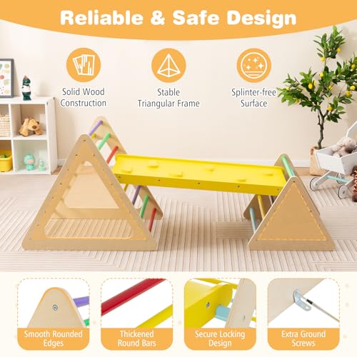 HONEY JOY Pikler Triangle Set, 5 in 1 Montessori Wooden Triangle Climber w/ 2 Stackable Ladders & Climbing Ramp, 3-Piece Baby Indoor Playground Jungle Gym, Climbing Toy for Toddlers, Colorful - style: 5 In 1 Yellow