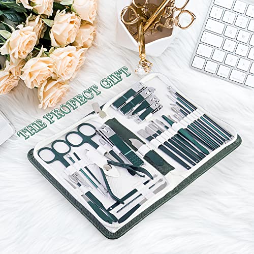 WOAMA Manicure Set Nail Clippers 30-piece Pedicure Kit Manicure Tools Nail Manicure Kit with Green Travel Case for Home, Workplace, Gift, Beauty Salon - color: Green